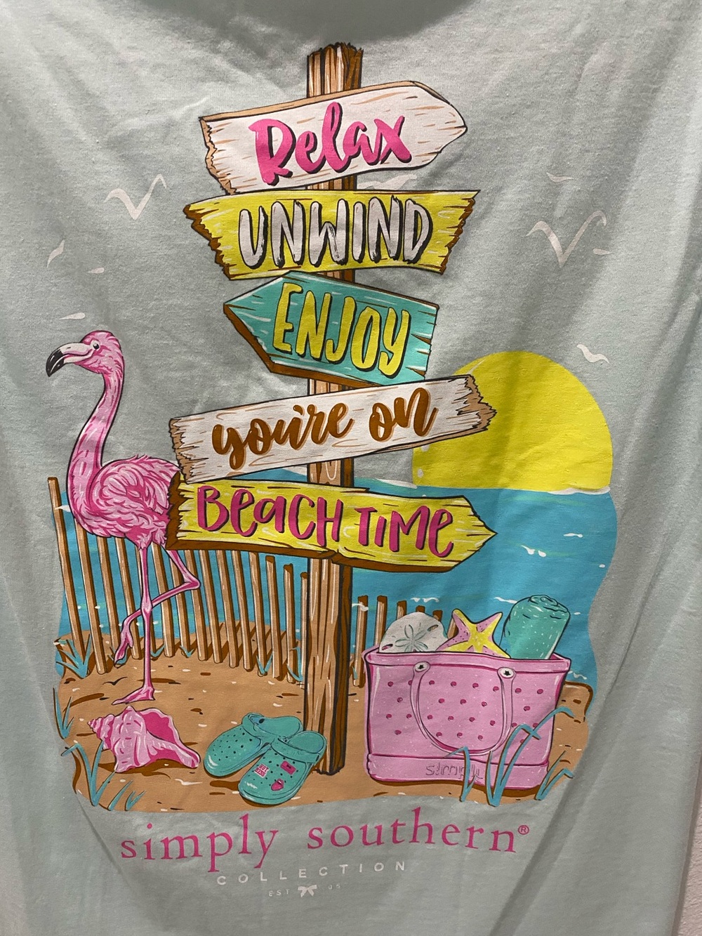 Simply Southern Light Blue Beach Sign Graphic Tee with Pink Flamingo